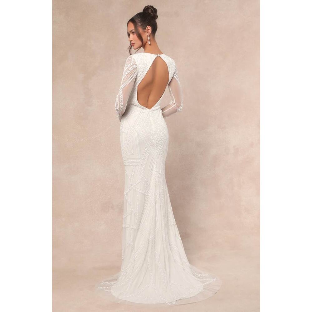NWT Lulus Deedra White Sequin Beaded Backless Maxi Dress Wedding Bridal Bride M